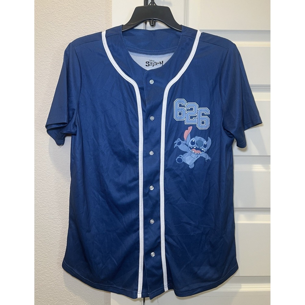 Disney Stitch 626 Ohana Means Family Blue Button Up Baseball Jersey Size Medium
